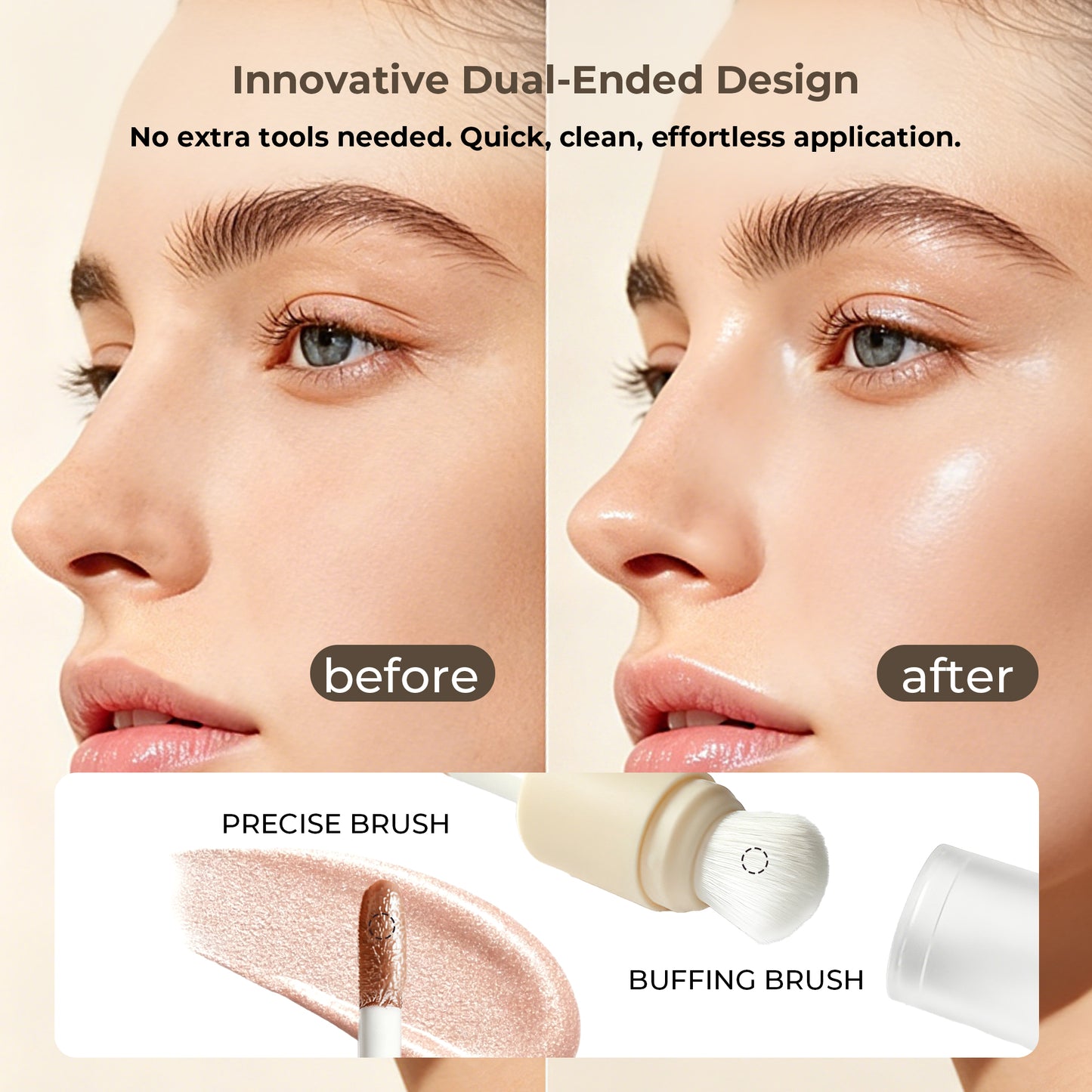 Loffeyo Dual-Ended Liquid Highlighter, Champagne Glow Brightening Serum | Built-In Brush, Lightweight Breathable Formula, Natural Radiant Finish, No Caking, Precise Sculpting For Facial Makeup