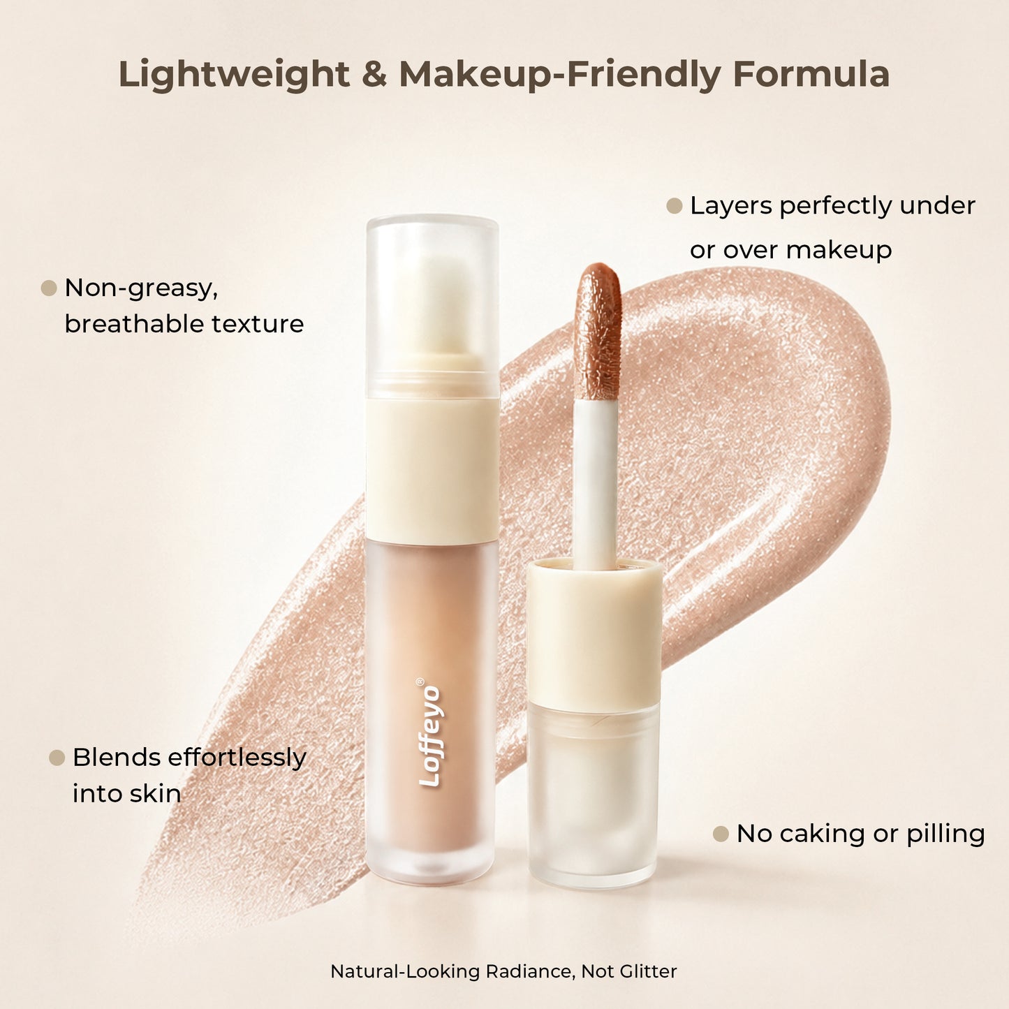 Loffeyo Dual-Ended Liquid Highlighter, Champagne Glow Brightening Serum | Built-In Brush, Lightweight Breathable Formula, Natural Radiant Finish, No Caking, Precise Sculpting For Facial Makeup