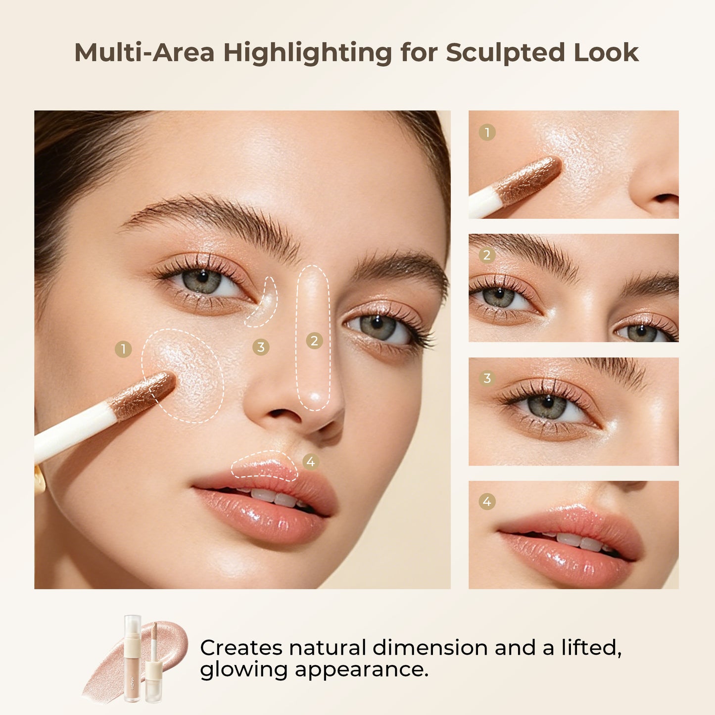 Loffeyo Dual-Ended Liquid Highlighter, Champagne Glow Brightening Serum | Built-In Brush, Lightweight Breathable Formula, Natural Radiant Finish, No Caking, Precise Sculpting For Facial Makeup