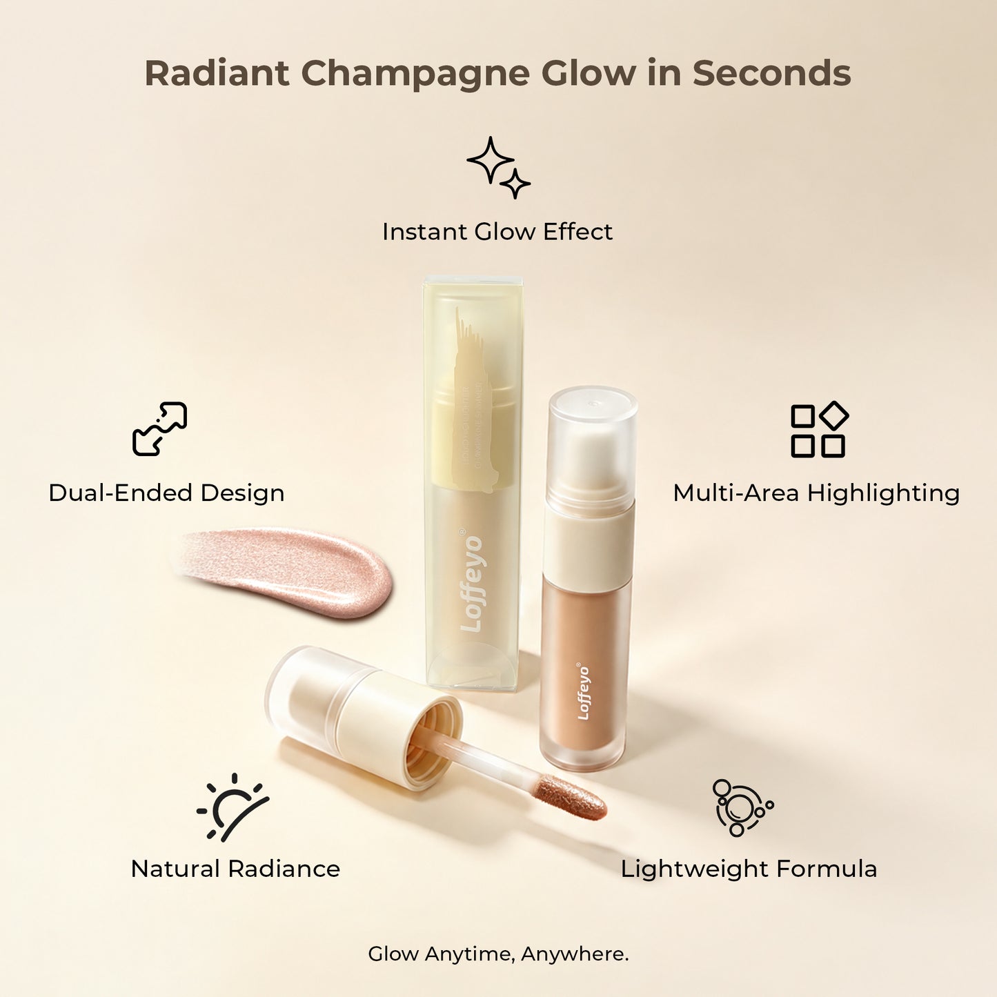 Loffeyo Dual-Ended Liquid Highlighter, Champagne Glow Brightening Serum | Built-In Brush, Lightweight Breathable Formula, Natural Radiant Finish, No Caking, Precise Sculpting For Facial Makeup